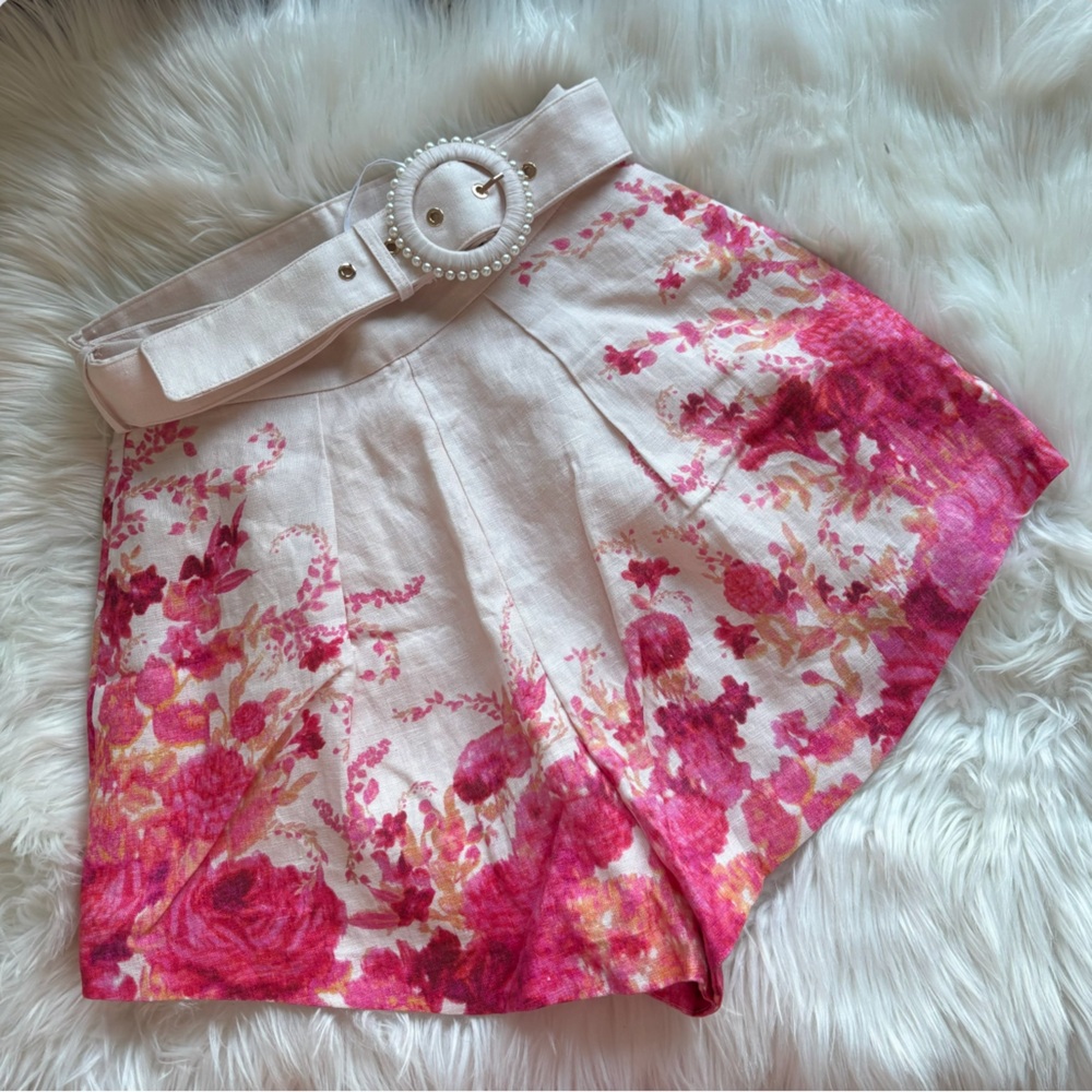 Zimmermann High Tide Belted Pleated Floral-Print Linen Shorts NWT Size 0